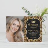 Luipaard Print Zwart Goud Foto 50e Verjaardag Kaart (Staand voorkant)