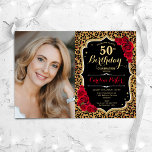 Luipaard Print Zwart Goud Rood Foto 50e Verjaardag Kaart<br><div class="desc">Elegante bloemenvrouwelijke 50e verjaardagsuitnodiging met uw foto. Glam zwart rood design met faux glitter goud. Beschikt over dierenluipaard print, rode rozen, script lettertype en confetti. Perfect voor een stijlvol volwassen feestje. Personaliseer met je eigen gegevens. Kan voor om het even welke leeftijd worden aangepast! Gedrukte Zazzle-uitnodigingen of direct download digitale...</div>