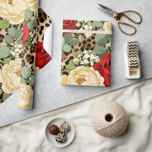 Luipaard & Rode Roos Patroon - Chic Bloemendier Cadeaupapier