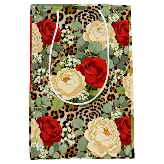 Luipaard & Rode Roos Patroon - Chic Bloemendier Medium Cadeauzakje (Voorkant)