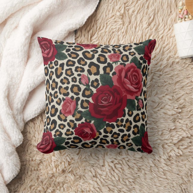 Luipaard Rood Rozen Patroon Kussen (Deken)