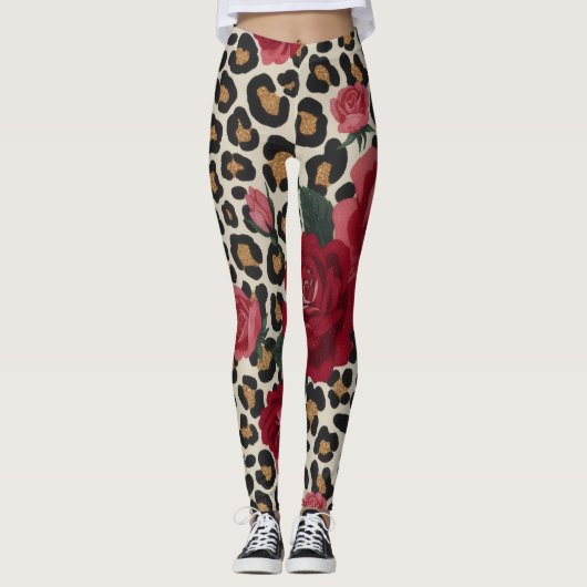 Luipaard Rood Rozen Patroon Leggings (Voorkant)
