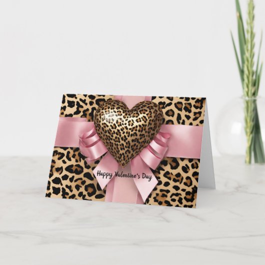 Luipaard Roze Lint Valentijnsdag Hart Kaart (Voorkant)