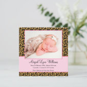 Luipaard roze meisje foto geboorte aankondiging (Staand voorkant)