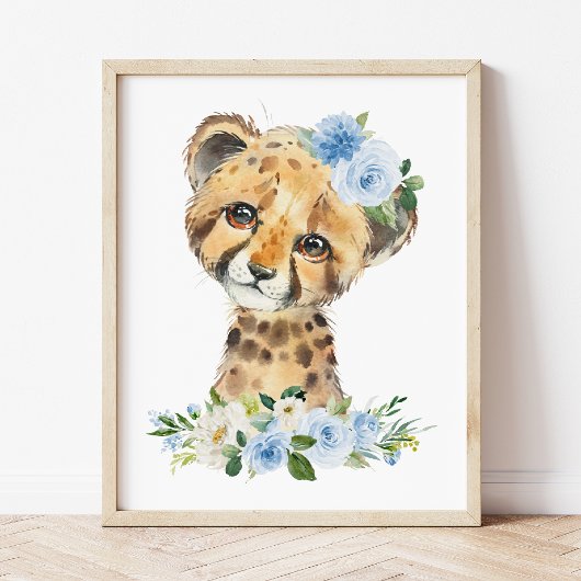 Luipaard, Safari, Jungle, Blauwe Bloemen, Jongens  Poster