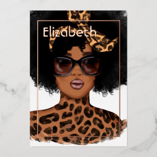 Luipaard Skin Afro Verjaardagsfeestje Folie Uitnod Uitnodiging