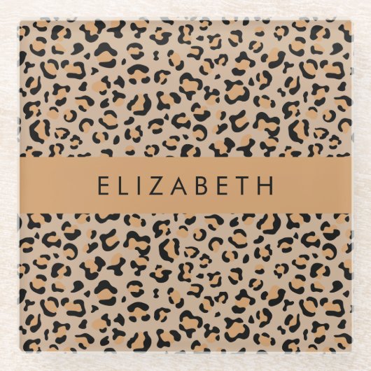 Luipaard, spuiten, bruine luipaard, Jouw naam Glazen Onderzetter (Voorkant)