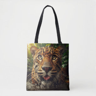 Luipaard staart terwijl hij water in Oerwoud lapt Tote Bag