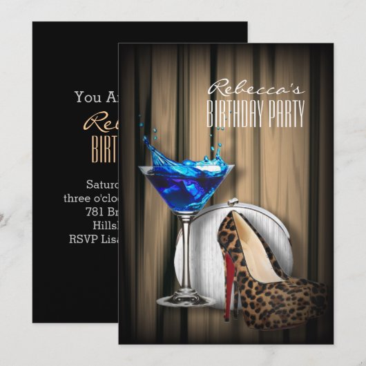 luipaard stiletto's blauwe martini cocktailparty kaart (Voorkant / Achterkant)
