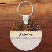 Luipaard tijger vel roze diamant glittersparels sleutelhanger (Voorkant)