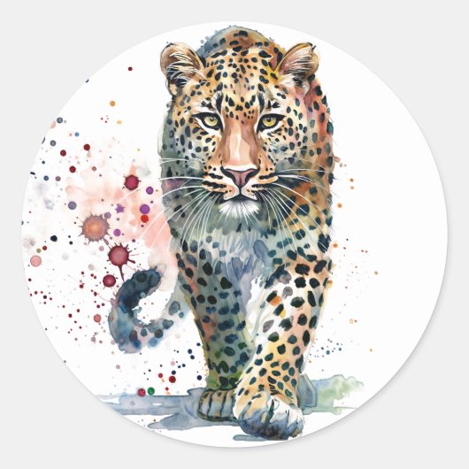 Luipaard Wandelende Waterverf Ronde Sticker (Voorkant)