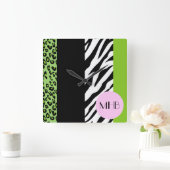 Luipaard, Zebra, dierenprint, groen, monogram Vierkante Klok (Huis)