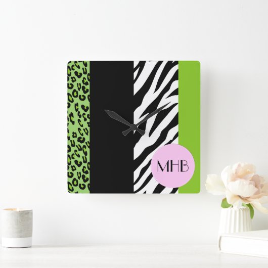 Luipaard, Zebra, dierenprint, groen, monogram Vierkante Klok (Huis)