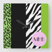 Luipaard, Zebra, dierenprint, groen, monogram Vierkante Klok (Voorkant)