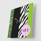 Luipaard, Zebra, dierenprint, groen, monogram Vierkante Klok (Hoek)