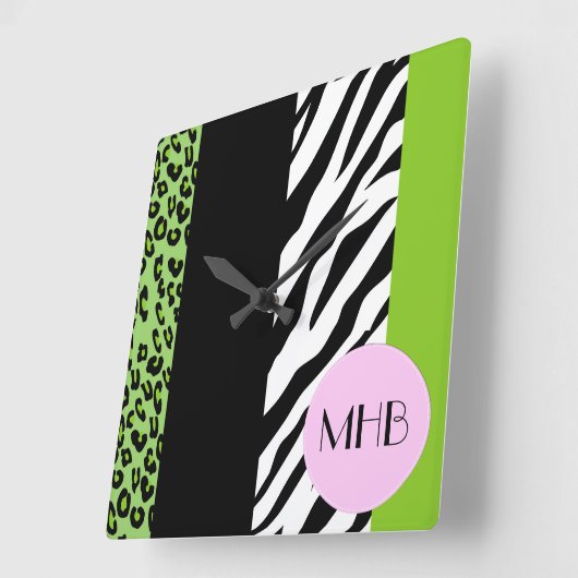 Luipaard, Zebra, dierenprint, groen, monogram Vierkante Klok (Hoek)