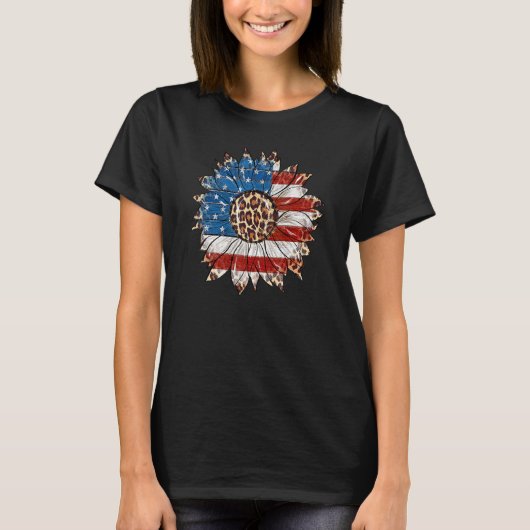 Luipaard Zonnebloem Amerikaanse vlag Patriottische T-shirt (Voorkant)