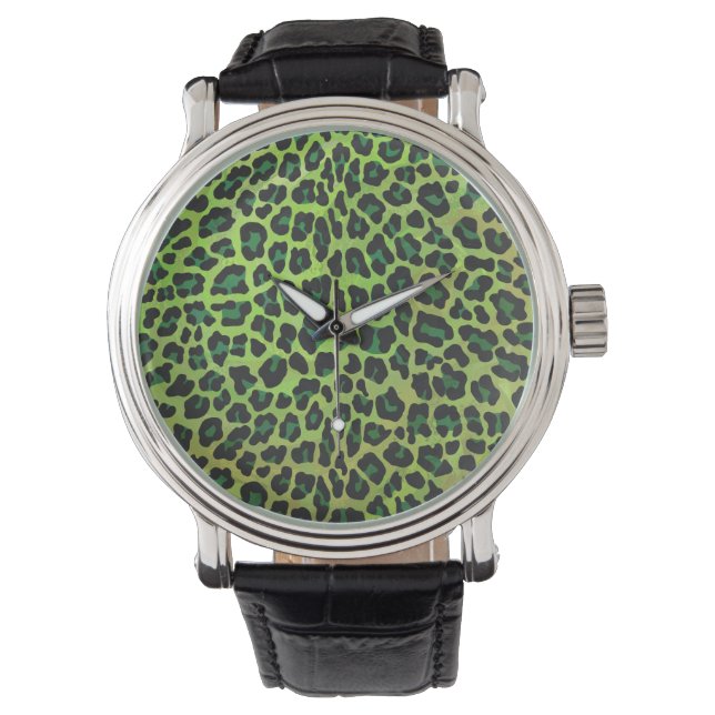 Luipaard Zwart en Groen Print Horloge (Voorkant)