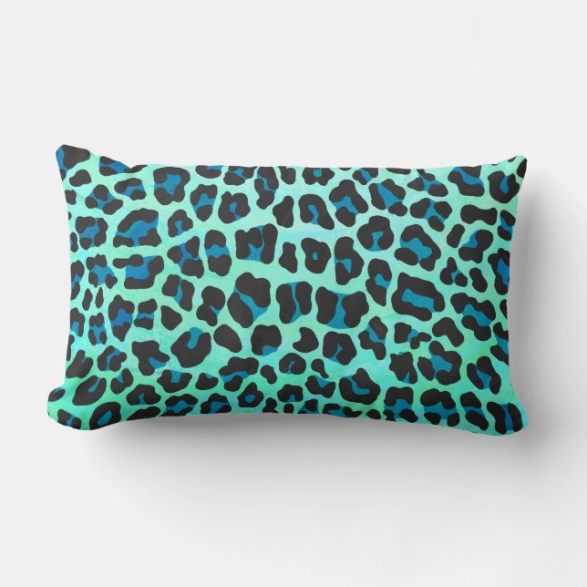 Luipaard Zwart en Teal Print Kussen (Voorkant)