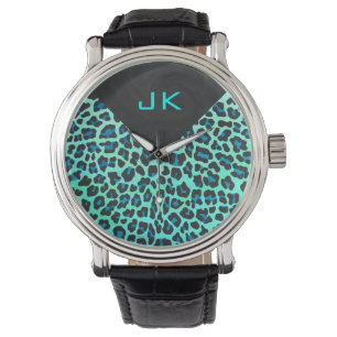 Luipaard Zwart en Turkoois Print Horloge