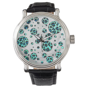 Luipaard Zwart en Turkoois Print Horloge
