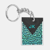 Luipaard Zwart en Turkoois Print Sleutelhanger (Voorkant Links)