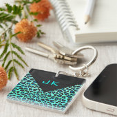 Luipaard Zwart en Turkoois Print Sleutelhanger (Voorkant Rechts)