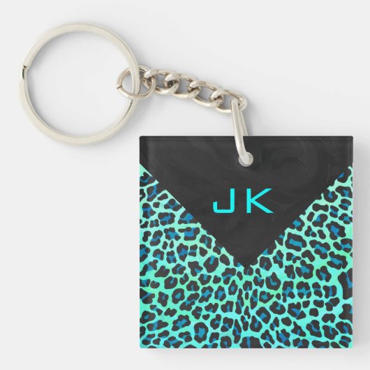 Luipaard Zwart en Turkoois Print Sleutelhanger (Voorkant)