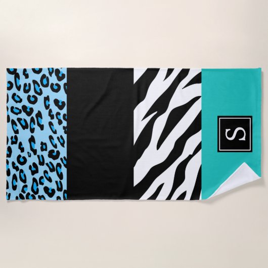 Luipaarddruk, Zebradruk, Blauw, Monogram Strandlaken (Voorkant)