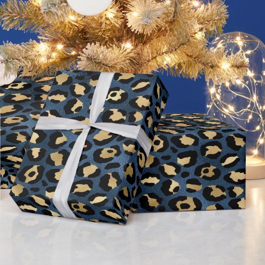Luipaardpatroon Blauw Goud Cadeaupapier (Feestdagen)
