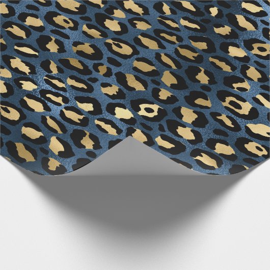 Luipaardpatroon Blauw Goud Cadeaupapier (Hoek)