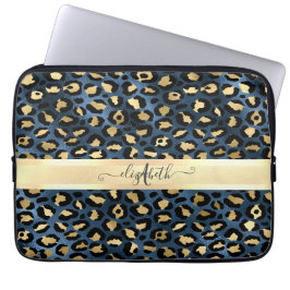 Luipaardpatroon Blauw Goud Initialen Laptop Sleeve