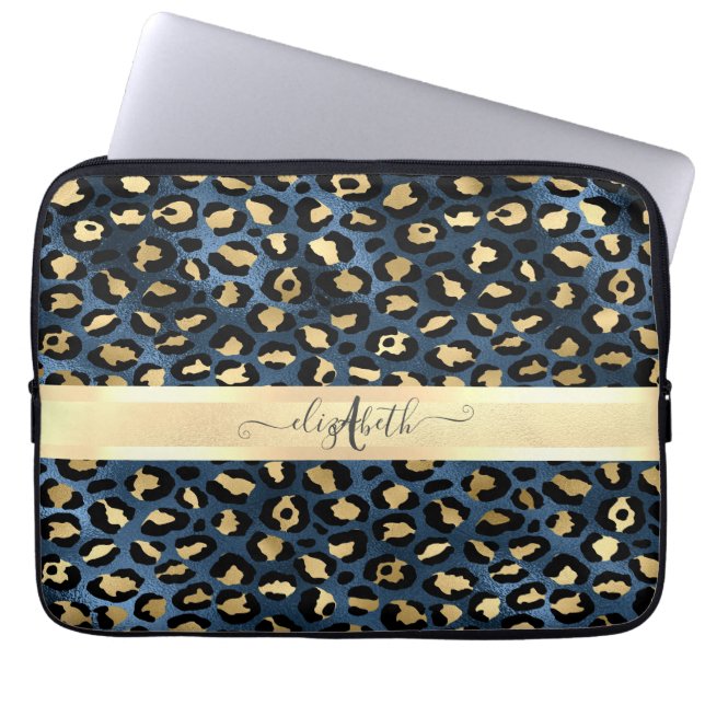 Luipaardpatroon Blauw Goud Initialen  Laptop Sleeve (Voorkant)