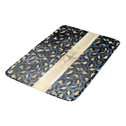 Luipaardpatroon Blauw Goud Monogram Badmat (Gekanteld)