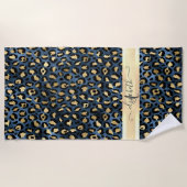 Luipaardpatroon Blauw Goud Monogram Strandlaken (Voorkant)