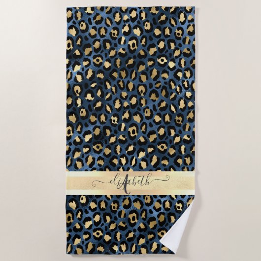 Luipaardpatroon Blauw Goud Monogram Strandlaken (Voorkant)