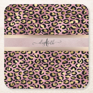 Luipaardpatroon Monogram Rose Goud Zwart Kartonnen Onderzetters