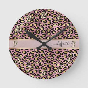 Luipaardpatroon Monogram Roze Goud Zwart Ronde Klok