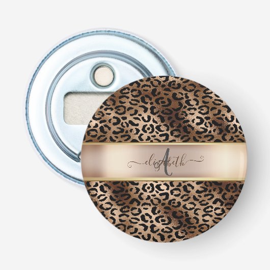 Luipaardpatroon Zwart Brons Monogram Button Flesopener (Voorkant)