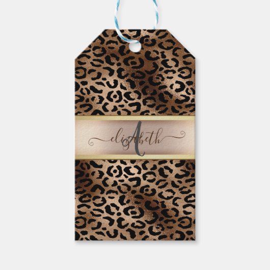 Luipaardpatroon Zwart Brons Monogram Cadeaulabel (Voorkant)