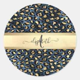 Luipaardpatroon Zwart Brons Monogram Ronde Sticker