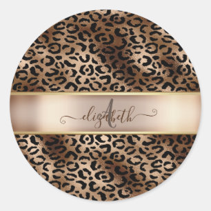 Luipaardpatroon Zwart Brons Monogram Ronde Sticker