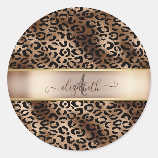 Luipaardpatroon Zwart Brons Monogram Ronde Sticker (Voorkant)