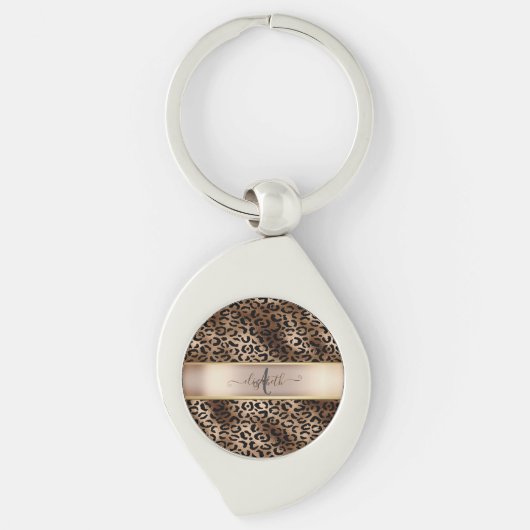 Luipaardpatroon Zwart Brons Monogram Sleutelhanger (Voorkant)