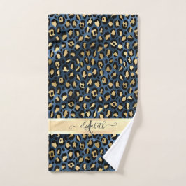 Luipaardprint Blauw Goud Monogram Bad Handdoek