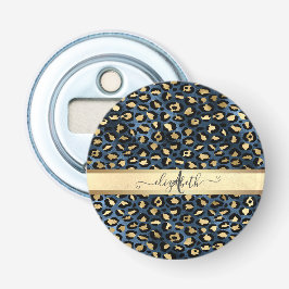 Luipaardprint Blauw Goud Monogram Button Flesopener