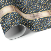 Luipaardprint Blauw Goud Monogram Cadeaupapier (Rol Hoek)