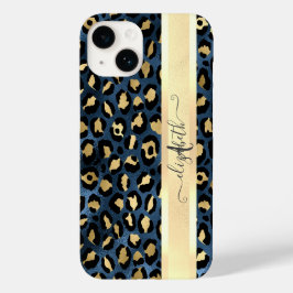 Luipaardprint Blauw Goud Monogram Case-Mate iPhone 14 Hoesje
