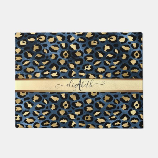 Luipaardprint Blauw Goud Monogram Deurmat (Voorkant)