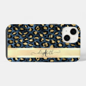 Luipaardprint Blauw Goud Monogram iPhone Hoesje (Achterkant horizontaal)